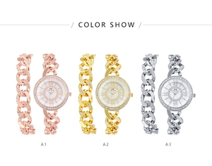 Three-color diamond-set women watch sets with matching chain bracelets in rose gold, gold and silver