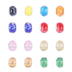 Macro view of 16 colorful glass beads with silver metal cores for DIY jewelry sets