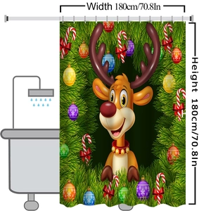 Christmas shower curtain with reindeer design and pine needles in 180x180cm size