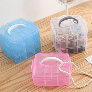 Three-layer clear plastic storage box with handle for jewelry and cosmetics organization