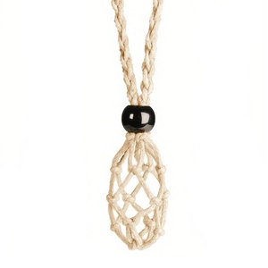 Detail of hand-woven off-white cord necklace holder with black bead for DIY crystals