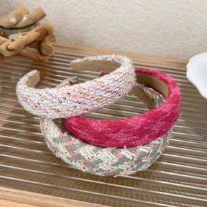 Elegant Tweed Headbands For Women Sponge Padded Bouclé Hair Bands Vintage Sequin Plaid Fashion