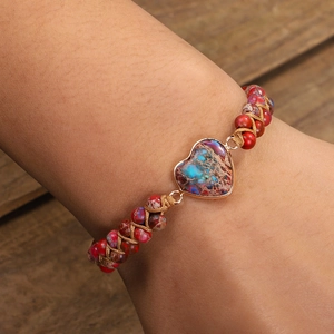 Handmade woven wrap bracelet with heart-shaped natural stone and colorful beads