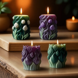 3D-Tulpen-Aromatherapie-Kerzen in Dunkelgrün und Lila für die Heimdekoration, handgeschnitzt