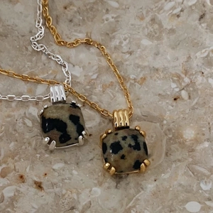 925 Sterling Silver Necklace With Square Natural Dalmatian Jasper Pendant Geometric Claw Setting Minimalist Jewelry For Women