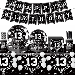 Detailed set of 13th birthday party supplies featuring black and white themed tableware