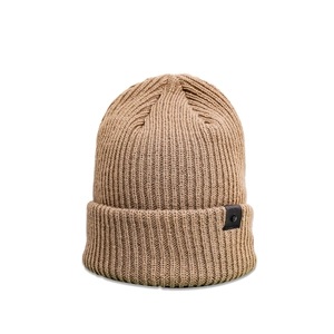 Detail of khaki ribbed knit beanie featuring an elegant leather strap and button detail