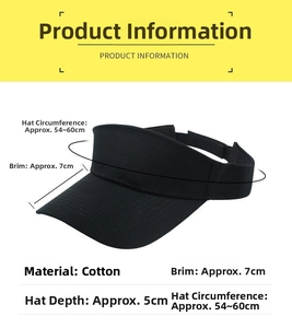 Detailed size specifications for cotton black open top sun visor hat with adjustable strap