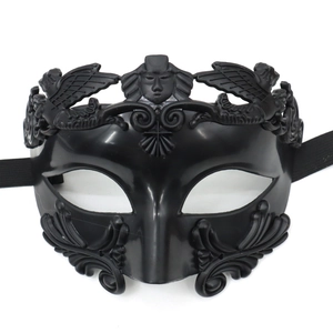 Black Greek Roman gladiator mask with intricate patterns for Halloween masquerade party