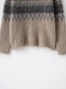 Close-up of fluffy mohair knit texture with retro geometric wave pattern in beige and grey