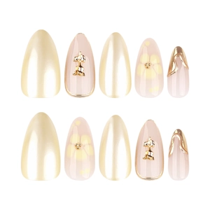 Kit de faux ongles à coller avec fleurs 3D dorées, fini perlé et charmes en métal
