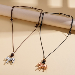 Ethnic zebra pendant necklace with leather cord and wooden beads in two color styles