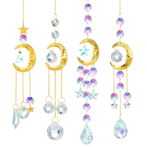 Set of four gold moon sun catchers with hanging crystals and stars for garden decor