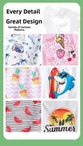 Detailed grid of six summer dog vests featuring shark, fruit and beach prints