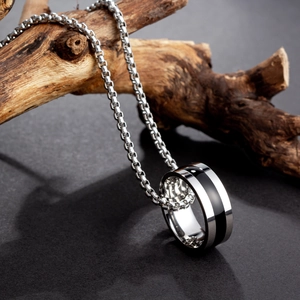 Polished silver stainless steel ring necklace with black stripe on a pearl chain