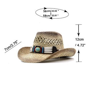 Straw cowboy hat with turquoise beads and size dimensions 7cm brim and 12cm height