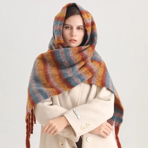 Detailed view of the soft faux cashmere texture and fringe tassels on the striped scarf