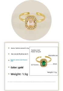 Detail of adjustable 18K gold plated steel ring with rectangle pink zircon and dimensions