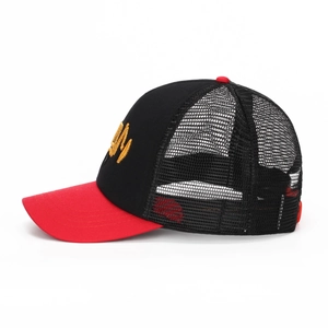 Kids baseball cap with red brim, mesh back, and gold embroidery on black front panel