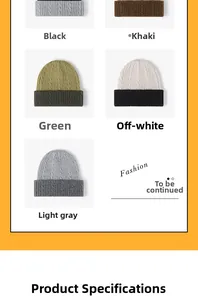 Detail view of knit beanies in black, khaki, green, cream, and grey with cable patterns