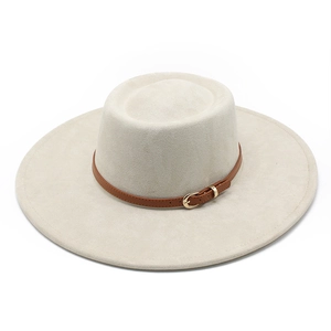 Elegant wide brim suede jazz hat in beige with a thin brown leather belt buckle strap