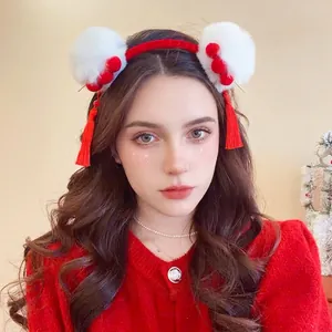 New Year red velvet headband with white faux fur pom poms and elegant long tassels