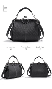 Three-way view of a black vintage textured bag with white stitching and metal clasp