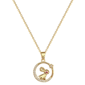 Luxurious gold rabbit necklace with red crystal eyes and white stones in circular frame