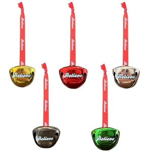 Set of five colorful Christmas Believe bells with red ribbons for tree decoration
