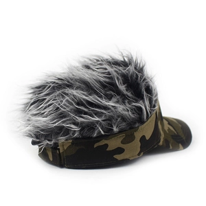 Detailed view of camouflage baseball cap featuring textured grey synthetic wig on top