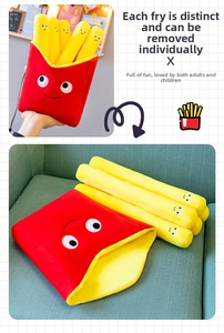Macro shot of detachable plush french fries with cute faces and interactive features