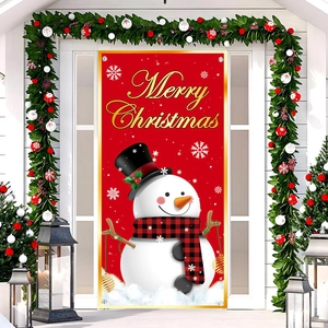 Christmas snowman door banner decoration with red background on a white wooden front door