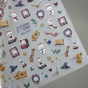 Japanese style thin matte nail stickers with cute magic bunny and wizard illustrations