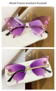 Macro detail of butterfly rimless sunglasses with purple gradient lenses and pink rhinestones
