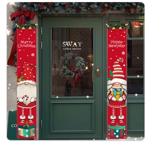 Christmas gnome door banners set in vibrant red displayed on entrance for holiday decor