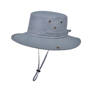 Quick-dry dark grey outdoor sun hat with wide brim, chin strap, and breathable metal eyelets