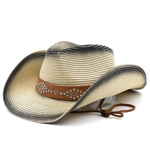 Vintage western cowboy straw hat with gradient weave and metal studded leather band
