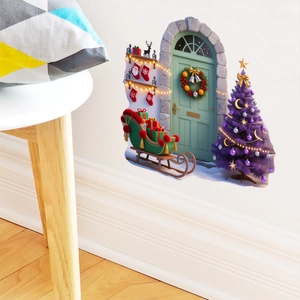 3D Christmas wall decal featuring a green arched door, purple tree, and festive sled