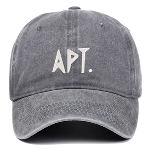 Washed dark gray baseball cap with white APT. embroidery and vintage cotton texture