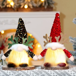 Detail of LED lighted Christmas gnomes with sequins and plush fabric on wooden bases