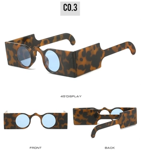 Three-view layout of tortoise shell sunglasses with blue lenses and rectangular frame