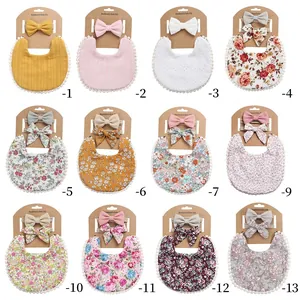 Baby Bib And Headband Linen Cotton Absorbent Boho Floral Print Pom Pom Trim Drool Bib For Infants Toddlers Girls