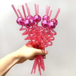 Pink disco ball mirror mosaic straws for party decorations with spiral plastic design