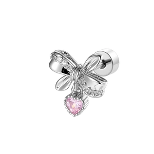 Elegant silver bow earrings with pink heart pendant and small diamonds on white background