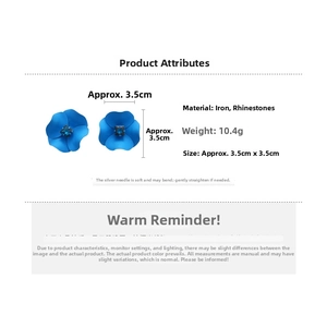 Detail view of blue flower earrings with matte finish and square center rhinestone