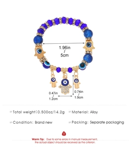 Blauwe kralenarmband met Hand van Fatima en Boze Oog inclusief afmetingen