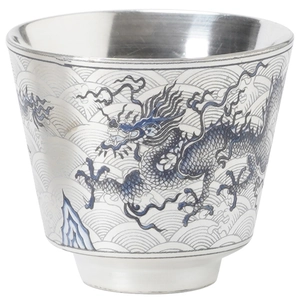Taza de té de plata dorada con patrón de dragón azul para ceremonia del té