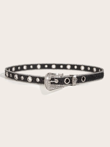 Detail of black frosted leather belt with sparkling rhinestone buckle and silver eyelets