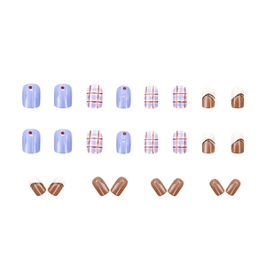 24-piece set of short square press-on nails with red plaid and purple polka dot patterns