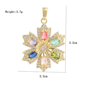 Detailed view of 18K gold plated flower charm with colored zircons and dimension markings